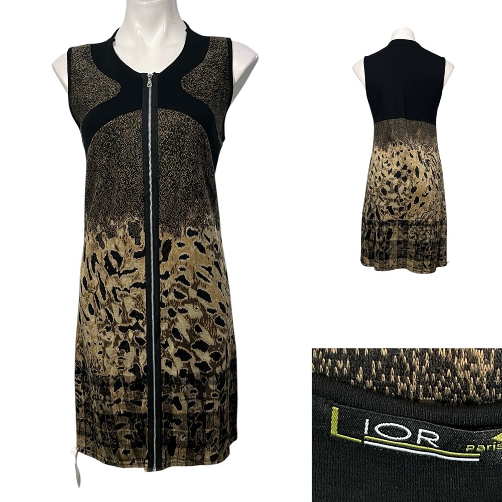 LIOR‎ Paris dress sm/4-6 Black/Gold Animal Print Zip-Front office casual